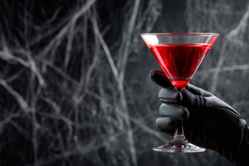 Woman with black glove holding a red cocktail. Halloween party invitation concept