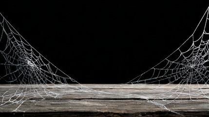 Spider web on a wooden table on black background with copy space