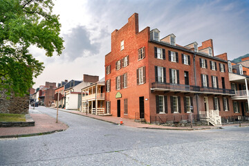 View of historic buildings on Shenandoah Street in Harpers Ferry, West Virginia.