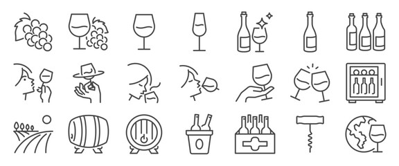 wine icon set. It included glass, bottle, sommelier, liquor, and more icons. Editable Vector Stroke.