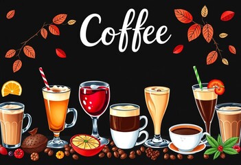 Coffee banner with hand-lettered poster, various coffee drinks depicted,  latte,  menu