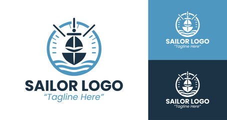 Sailor Logo with Ship Design and Waves in Blue and Dark Colors
