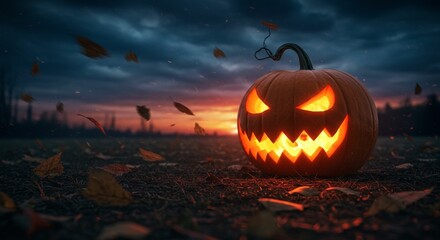 Illuminated carved pumpkin at halloween sunset