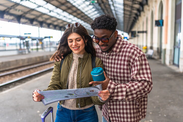 Tourists consulting map on train station platform