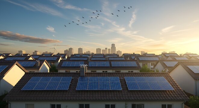 Sunlight bathes a residential community where every home proudly displays solar cell arrays, illustrating widespread adoption of renewable power and a commitment to an eco-friendly lifestyle.