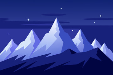 Obraz premium Snowy winter mountain landscape vector illustration with trees and a starry night sky