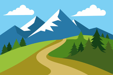 Mountain landscape with a panoramic view of green valleys and a blue summer sky