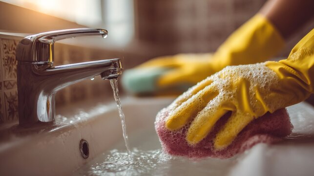 Housekeeper cleaning white ceramic washbasin with pink sponge, yellow rubber gloves, chrome faucet streaming water and soap for thorough sanitizing