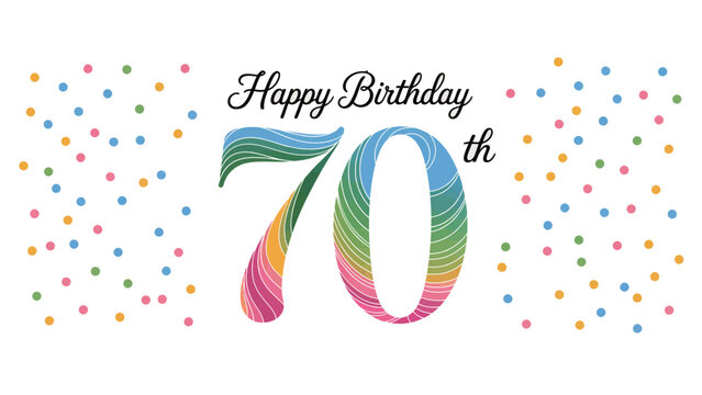 colorful 70th birthday celebration background with vibrant rainbow confetti, bold seventy text, and festive happy birthday typography