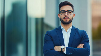 Confident young businessman standing with arms crossed, showcasing professionalism and determination in modern urban setting.