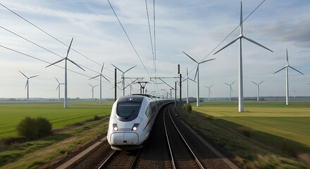 Fototapeta premium Under a bright sky, a clean energy-powered train races through a field where towering wind turbines generate electricity, illustrating a future design for efficient and sustainable travel