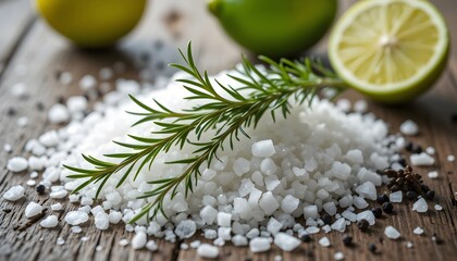 Fresh Rosemary Sprig on Coarse Sea Salt with Limes and Black Pepper – Rustic Culinary Composition on Weathered Wooden Table | High-Resolution Overhead Photo Capturing the Essence of Natural Ingredient