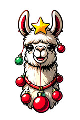 Festive Alpaca with Christmas Ornaments: A Whimsical Holiday Illustration