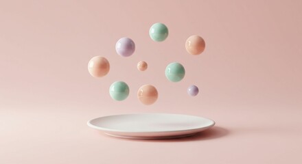 Pastel spheres levitating above plate