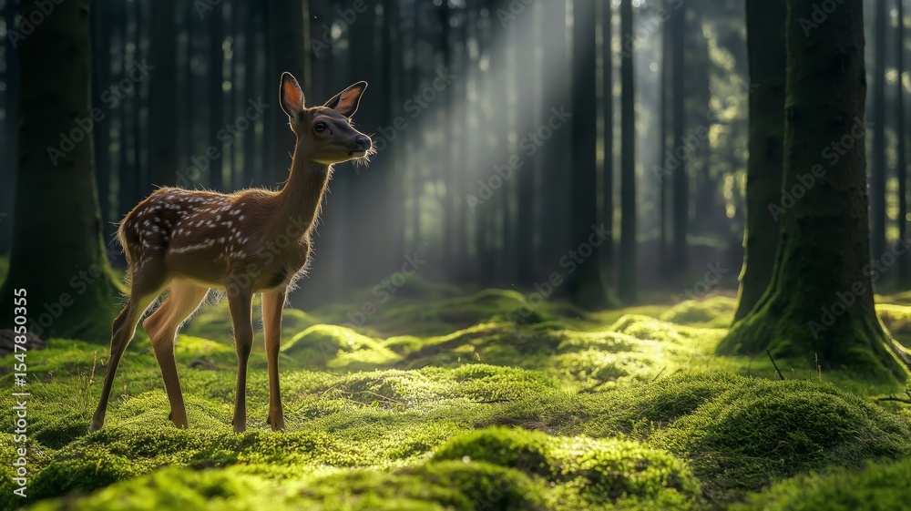 Poster a young deer explores a tranquil forest illuminated by sunlight streaming through the trees.