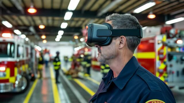 Firefighter in Blue Uniform Wearing a VR Headset in Fire Station with Fire Trucks Training Simulation and Embracing Future Technology
