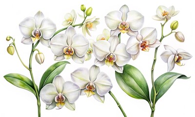 Fototapeta premium Watercolor set of white orchids. White wild orchid flowers.
