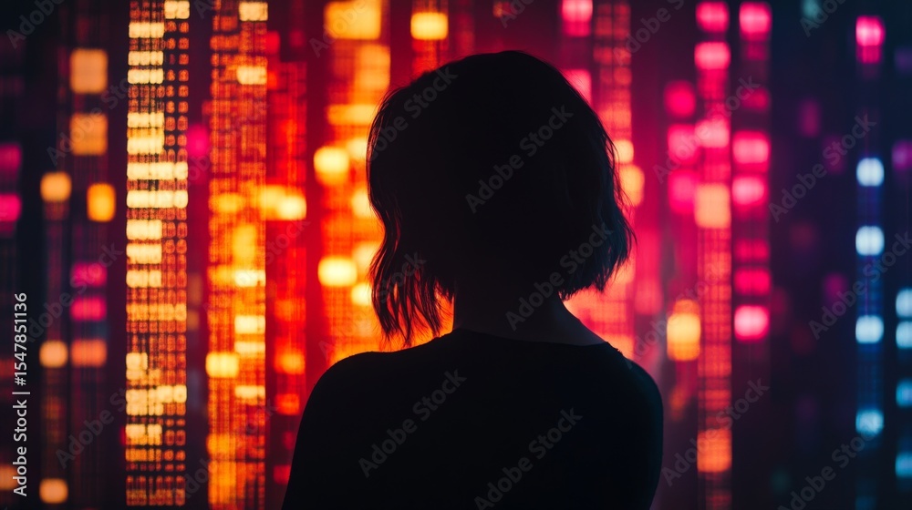 Sticker a captivating silhouette of a person against a vibrant backdrop. colorful patterns stretch into the 
