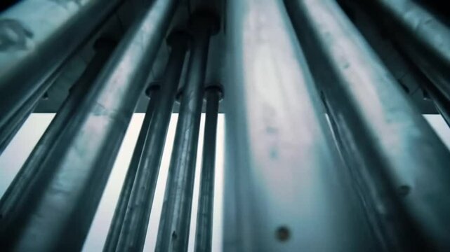 Metallic Pipes, Industrial Structure, Steel Columns, Grey, Vertical, Abstract, Pattern, Texture, Bac