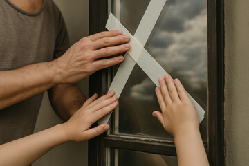 Adult and child taping glass window in preparation for approaching storm with dramatic cloudy sky reflection