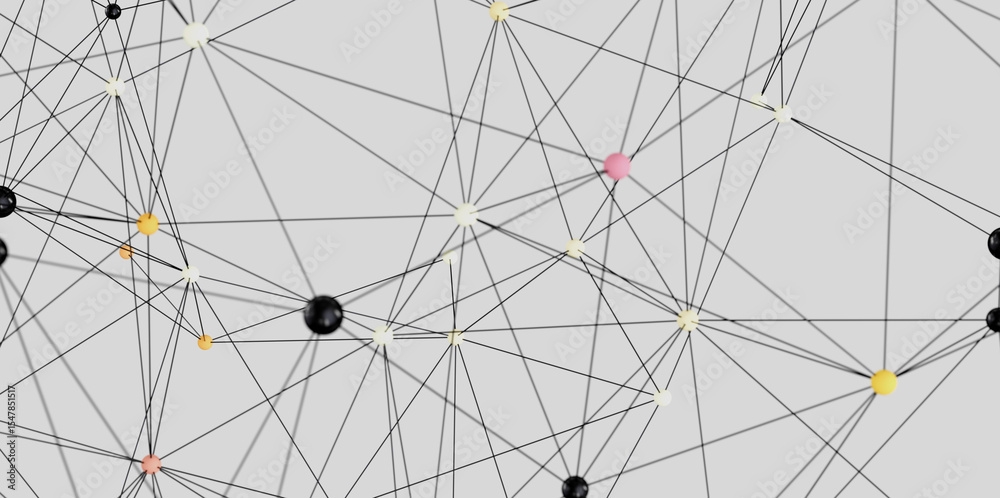 Poster Complex network visualization with interconnected nodes. Ideal for technology, connection, and communication concepts.