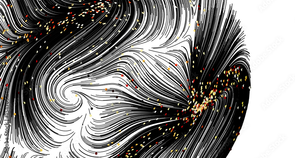 Poster abstract art featuring swirling black lines and scattered particles. perfect for backgrounds or desi