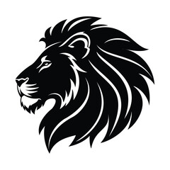 Obraz premium Powerful black and white vector illustration of a lion's head in profile, featuring a detailed mane, ideal for logos, mascots, or strength-related themes.