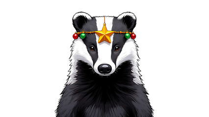 Festive Badger with Christmas Decorations: A Whimsical Holiday Illustration