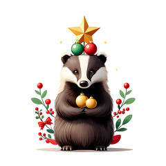 Festive Badger with Christmas Decorations: A Whimsical Holiday Illustration