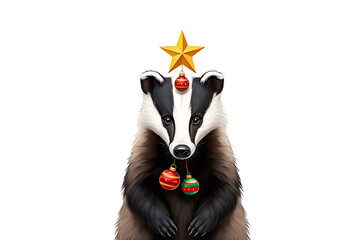 Festive Badger with Christmas Decorations: A Whimsical Holiday Illustration
