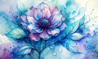 Delicate hand-drawn watercolor flower in blue and violet tones. Alcohol ink art. Raster illustration.