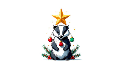 Festive Badger with Christmas Decorations: A Whimsical Holiday Illustration
