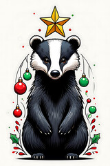 Festive Badger with Christmas Decorations: A Whimsical Holiday Illustration