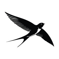 Fototapeta premium Elegant black silhouette of a barn swallow in flight, showcasing its distinctive forked tail and pointed wings. Ideal for nature, freedom, migration, and spring themes.