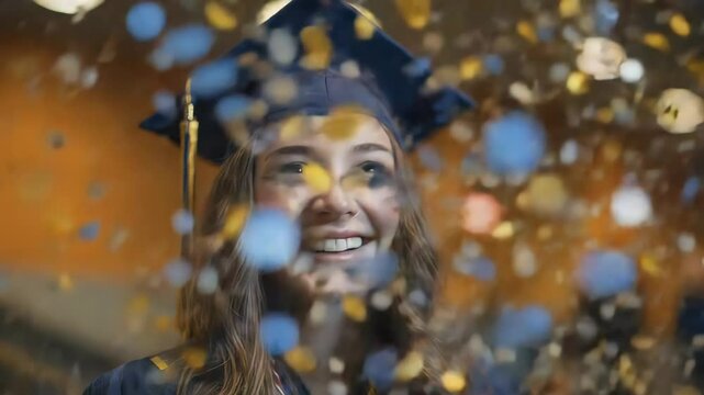 Joyful Graduate Celebrating with Confetti in Cap and Gown at Ceremony