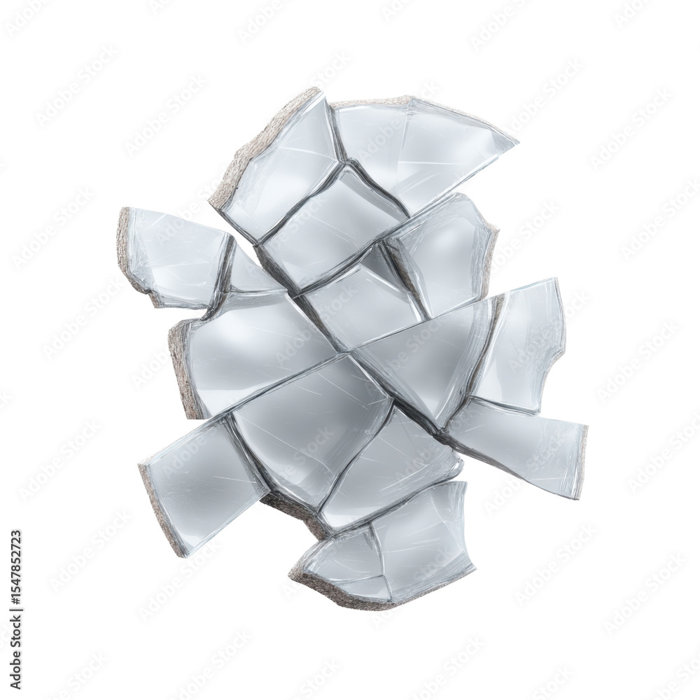 Poster shattered glass fragment over white background with sharp edges and irregular pattern for creative d