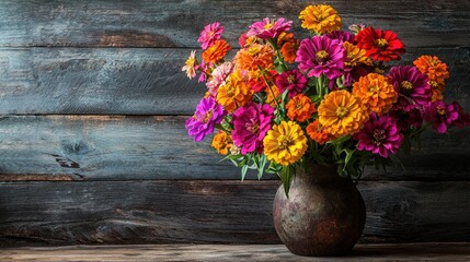 A bouquet of freshly picked zinnias arranged in a rustic vase on a wooden table.
