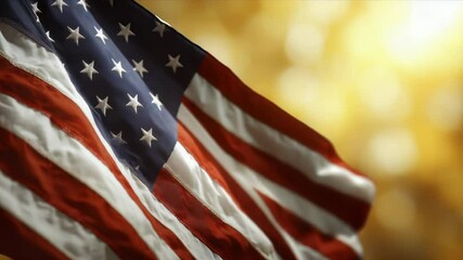 Waving American Flag Against Glowing Golden Sunset Background in Gentle Breeze - Powered by Adobe