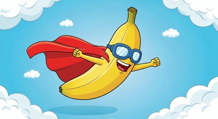 Hero Banana: A Joyful Cartoon Superfruit Soaring Through Puffy Cloud Skies with a Crimson Cape, Blue Goggles, and an Unstoppable Grin Across a Brightly Whimsical, Playful Daydream of Sweet Courage