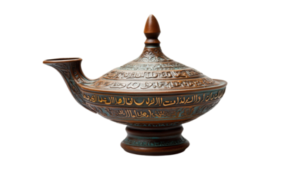 Medieval Islamic ceramic lamp with inscriptions, Transparent background, PNG file