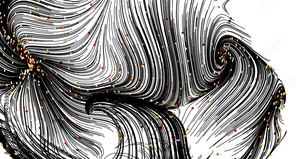 Poster high-resolution abstract image featuring swirling black lines and scattered dots of red, orange, and