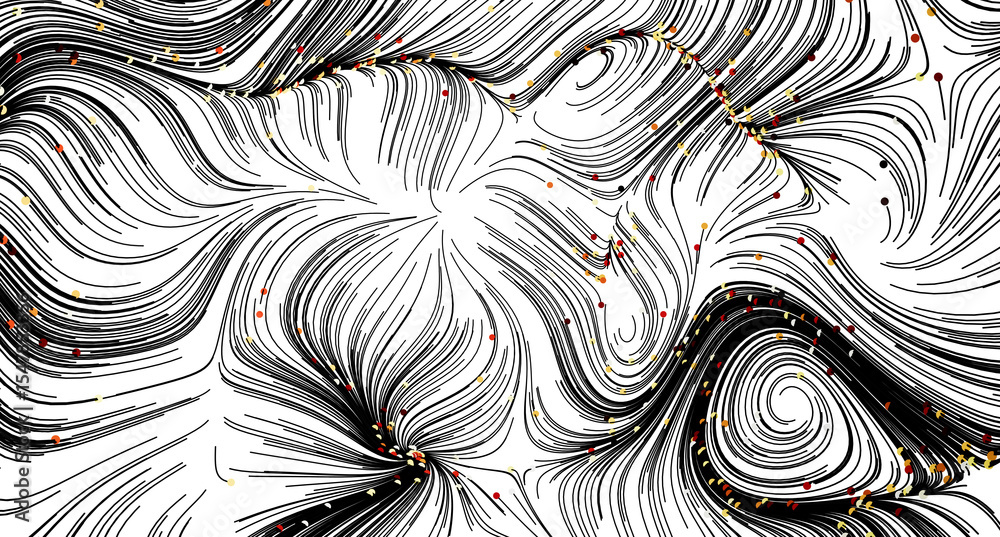 Poster black and white abstract art with swirling lines and colorful dots. perfect for modern designs.