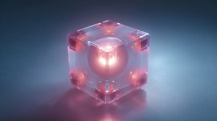  A futuristic artifact featuring a transparent crystalline cube that encases a powerful glowing energy core