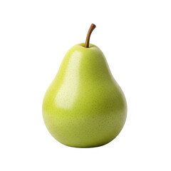 A single green pear with a brown stem isolated against a plain black background in a studio shot
