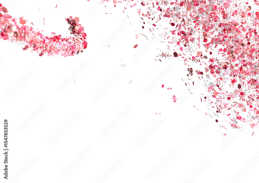 Poster Abstract image of pink percentage symbols exploding and scattering across a white background. Ideal for sales, discounts, or promotional designs.