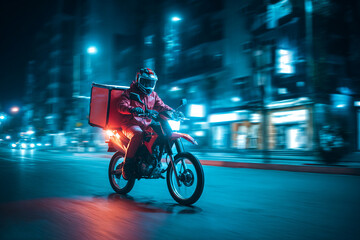 Motorbike delivery rider at night with food box glowing from LED