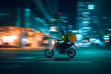 Motorbike delivery rider at night with food box glowing from LED