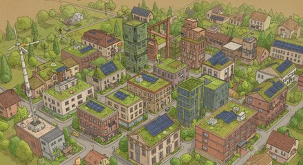 Fototapeta premium Sustainable Eco-City Illustration: A meticulously illustrated eco-city showcases a vibrant green environment with eco-friendly buildings.