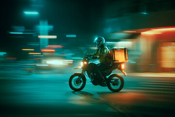 Motorbike delivery rider at night with food box glowing from LED