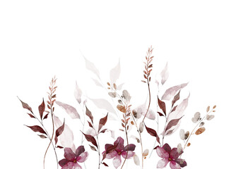 Watercolor floral border frame. Pink, burgundy, blush, brown, gray flowers, branches, maple leaves, twigs. Hand drawn style illustration. Watercolour artistic template design.